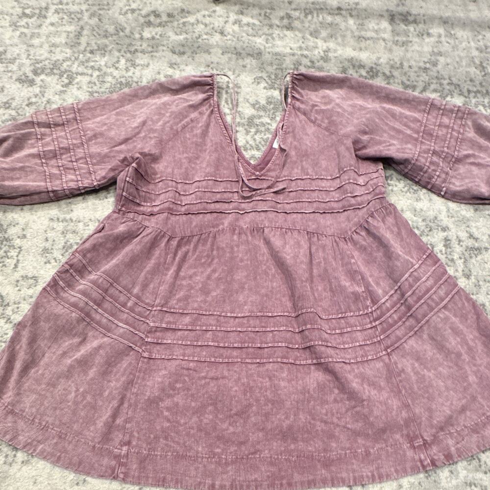 Talulah Pink Solid V-Neck Tiered Puff Sleeve Denim Mini Dress Cotton L